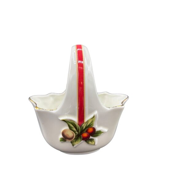 Christmas Porcelain Basket With Red Ribbon Design & Gold Trim Holiday Floral Pat - Picture 3 of 7